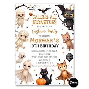 Może przedstawiać: Zaproszenie urodzinowe z motywem Halloween przedstawiające postacie z kreskówek, w tym mumie, duchy i koty w kostiumach. Tekst głosi: CALLING ALL MONSTER! YOU'RE INVITED TO A Costume Party TO CELEBRATE MORGAN'S 10TH BIRTHDAY, SOBOTA 31 PAŹDZIERNIKA.