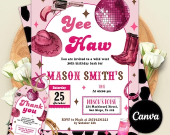 Invitación de cumpleaños de vaquera, fiesta en Nashville, invitación rosa para fiesta de vaquera, cumpleaños de vaquera espacial, invitación de rodeo disco, plantilla editable de Canva