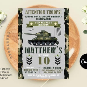 Military Party Invitations, Army Birthday Invitation, Soldier Birthday Invitation, Military Invite, Editable Canva Template