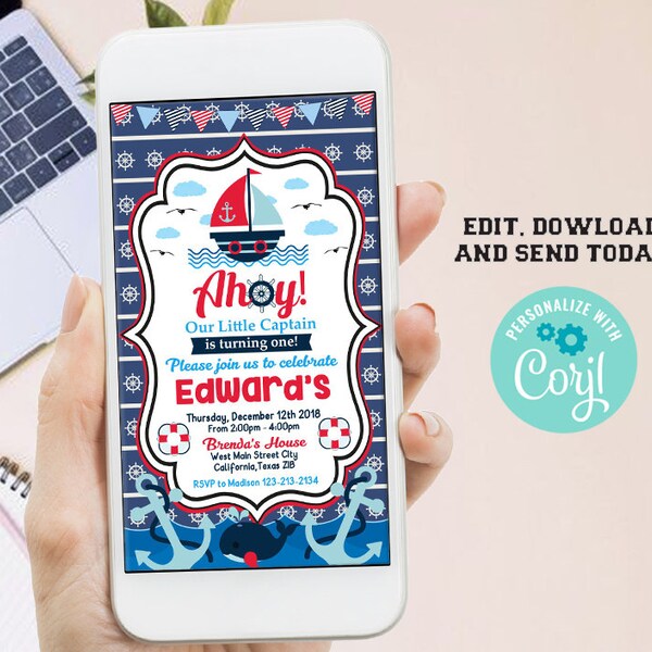 Nautical Electronic Invitation, Nautical Party, Ahoy, Boy Birthday, Printable, Instant Download, Editable invite for mobile
