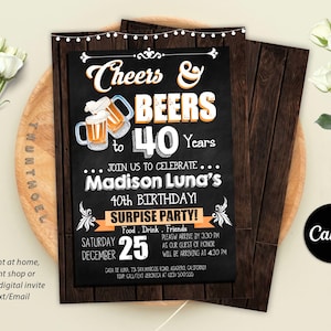 Cheers and Beers Birthday Invitation, Adult Birthday Invitation, Cheers and Beers to 40 Years,50 Years, 60 Years, Editable with Canva