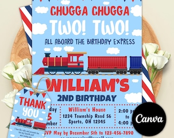 Train 2nd Birthday Invitation Instant Download, Chugga Chugga TWO TWO Boys Train Party Second Birthday Invitation, Red White Blue Invite