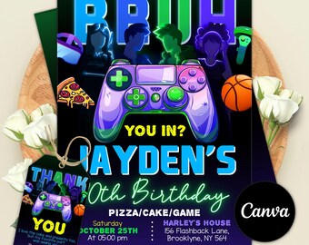 Bruh Birthday Invitation, BRUH YOU IN? Birthday Invitation, Neon Gamer Birthday Invitation, Neon Lights, Any Age, Editable Canva Template