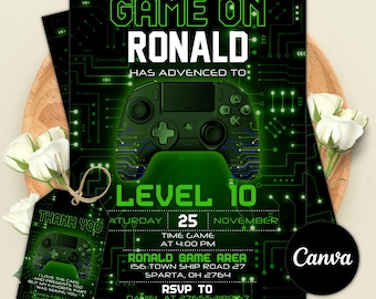 ビデオゲームの誕生日招待状、ゲーマーパーティー、Canvaテンプレート（デジタルファイル）