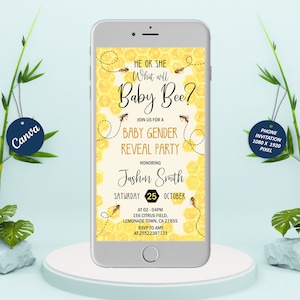 What will baby bee electronic gender reveal shower party invitation, Beehive honeycomb smartphone e-vite, Digital Canva