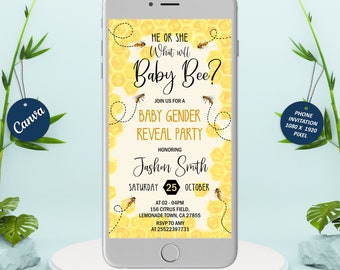 What will baby bee electronic gender reveal shower party invitation, Beehive honeycomb smartphone e-vite, Digital Canva