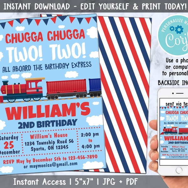 Train 2nd Birthday Invitation Instant Download, Chugga Chugga TWO TWO Boys Train Party Second Birthday Invitation, Red White Blue Invite