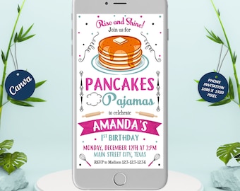 Pfannkuchen und Pyjamas Einladung, digitale Datei, bedruckbar, Pfannkuchen Party einladen, Pyjama-Party, bearbeitbare Einladung für Handy
