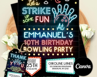 Invitación de cumpleaños de bolos, ¡Vamos a divertirnos con los bolos!, Invitación de cumpleaños con brillo neón, para cualquier edad, Plantilla editable de Canva.