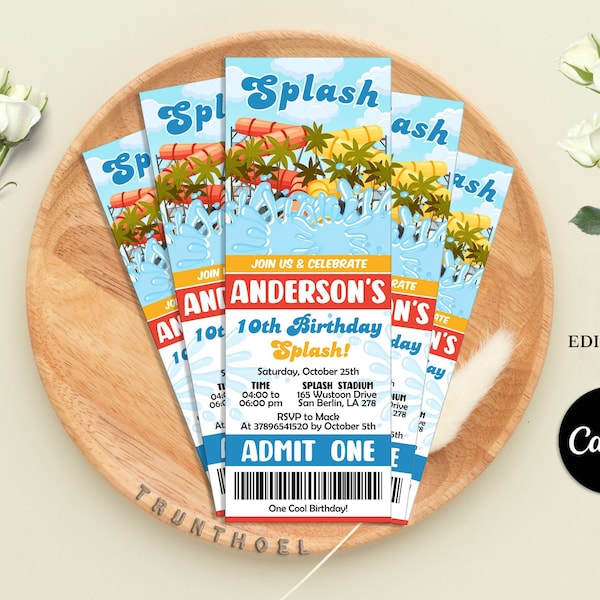 Waterslide Ticket-Einladung, Waterpark-Karte einladen, Waterslide Bash-Geburtstagseinladung, Pool-Party-Einladung, Splash Waterslide
