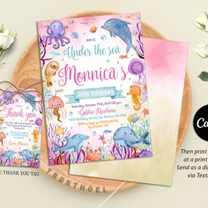 Editable Under The Sea Birthday Invitation, Editable Ocean Animals Party Invite Template, Editable Turtle Shark Starfish Birthday Invitation