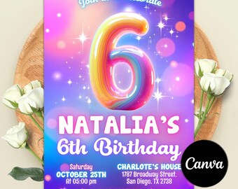 Pink 6th Birthday Invitation, Rainbow Glitter Birthday Party Invite, Girl Sixth Party Invitation, 6th Invitation, Editable Canva Template