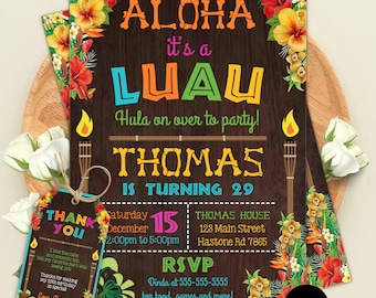 Luau Birthday Invitation, Hawaiian Birthday Party Invite, Tropical Aloha Party Invitation, Editable Canva Template