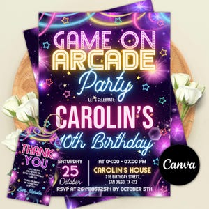 Neon Arcade Birthday Invitation, Retro Video Game Party Invite, Glow Gamer Birthday Party, Gaming Theme, Editable Canva Template