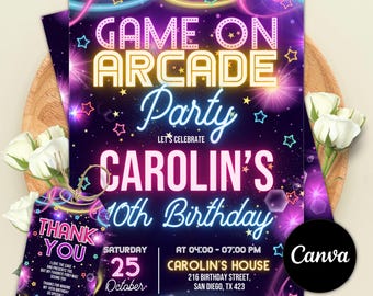 Invitación de cumpleaños estilo arcade neón, invitación para fiesta de videojuegos retro, fiesta de cumpleaños para gamers con efecto neón, temática de videojuegos, plantilla editable de Canva