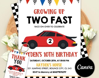 ZWEI schnelle Geburtstagseinladung, Vintage Rennauto-Geburtstag, zwei schnelle Geburtstag einladen, Retro Rennauto-Geburtstag, bearbeitbar in Canva