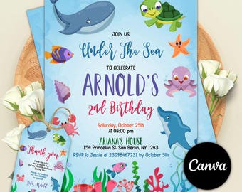 Under The Sea Birthday Party Invitation, Ocean Animals Party Invitation,  Under the Sea Invite, Editable  Canva Template