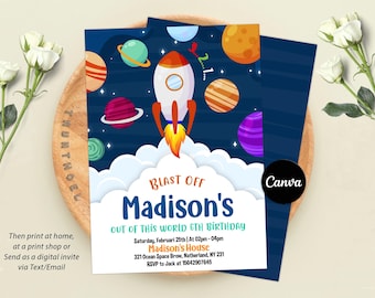 Plantilla editable de invitación de cumpleaños con temática espacial, invitación de astronauta con cohete planetario, invitación de despegue galáctico, descarga instantánea.