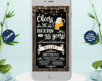 Saludos y Cervezas Invitación Electrónica, Saludos y Cervezas a 30 Años, 40 Años, 50 Años, Invitación de Cumpleaños para Adultos, Editable con Canva
