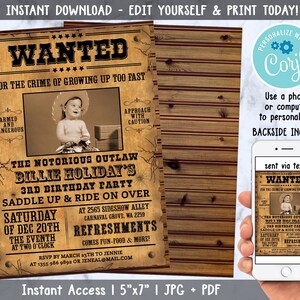 Editable Wanted Poster Invitation, Cowboy Birthday Invitation, Cowboy ...