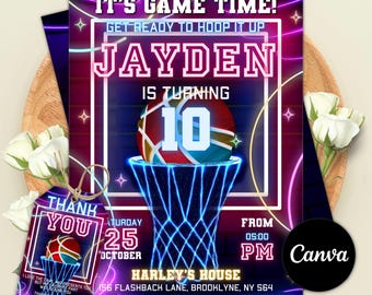 Neon Basketball Birthday Invitation, Sports Party Invite, Neon Glow Invitation, Any Age, Digital Download, Editable Canva Template