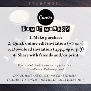 May include: A white notepad with black text that reads "HOW IT WORKS?" and lists four steps: 1. Make purchase, 2. Quick online edit invitation (~5 min), 3. Download invitation (.jpg,png or pdf), 4. Share with friends and/or print. Below the list, the text reads "If you cant edit invitation by yourself, just write us! We will make all editions for you!" and "DO YOU HAVE ANY QUESTIONS OR NEED HELP? FEEL FREE TO CONTACT ME, I WILL GLADLY HELP YOU!" The notepad is on a wooden surface.