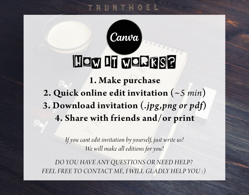 May include: A white notepad with black text that reads "HOW IT WORKS?" and lists four steps: 1. Make purchase, 2. Quick online edit invitation (~5 min), 3. Download invitation (.jpg,png or pdf), 4. Share with friends and/or print. Below the list, the text reads "If you cant edit invitation by yourself, just write us! We will make all editions for you!" and "DO YOU HAVE ANY QUESTIONS OR NEED HELP? FEEL FREE TO CONTACT ME, I WILL GLADLY HELP YOU!" The notepad is on a wooden surface.
