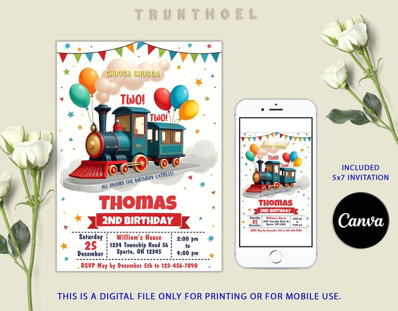 Editable Train Birthday Invitation Template, Train Party Invite For Any Age, Kids Party Birthday Invite, Instant Download, Canva Template