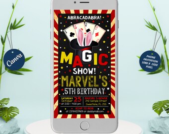 May include: A smartphone screen displaying a magic show birthday party invitation. The invitation features a red, white and black colour scheme with a cartoon image of a magician's hat with bunny ears and playing cards. The text on the invitation reads "ABRACADABRA! MAGIC SHOW! MARVEL'S 5TH BIRTHDAY." The invitation also includes the date, time and location of the party.