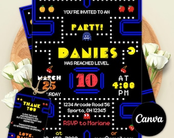 Editable Arcade Birthday Invitation, Retro Gaming Party Invite, Video Game Invitation, Gamer Birthday Party, Canva Template