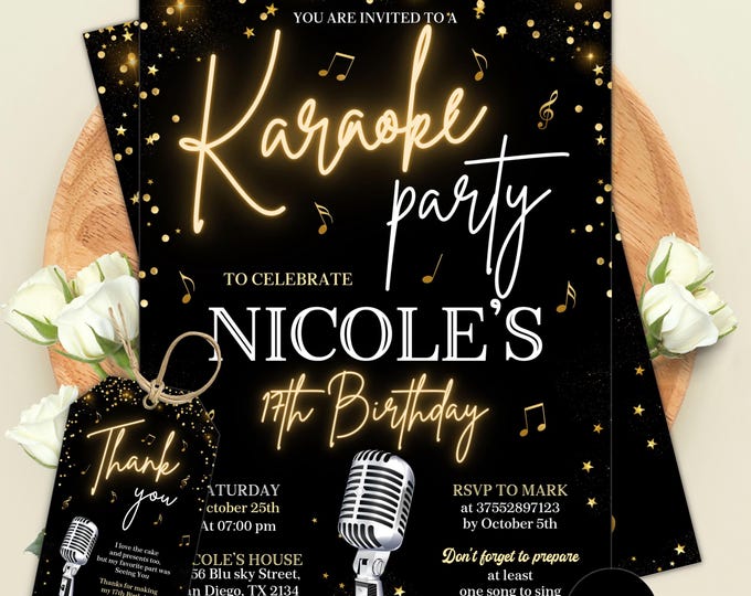 Karaoke Birthday Party Invitation, Singing Party Invite, Music Birthday Party, Karaoke Invitation,  Editable Canva Template