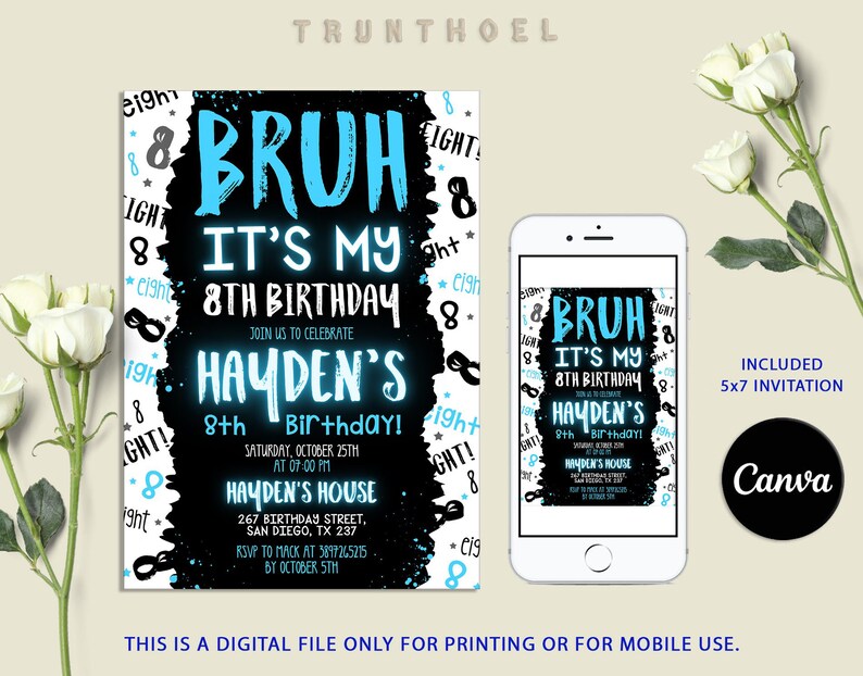 Boy 8th Birthday Invitation, Bruh Invitation, Bruh It's My Birthday