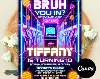 Invitación de cumpleaños estilo arcade, invitación para fiesta de videojuegos retro, invitación para fiesta temática de videojuegos, fiesta temática de videojuegos neón, plantilla editable de Canva