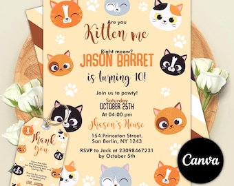 Bewerkbare uitnodiging voor kat, schattige katten verjaardagsuitnodiging, Kitty Cat verjaardagsfeestje, Let's Pawty, Are You Kitten Me Right Meow, Instant Download