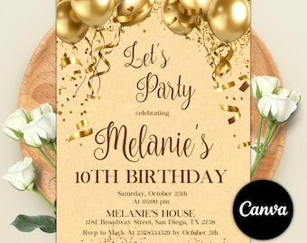 Rose Gold Birthday Invitation, Rose Gold Balloons Invite, Gold Glitter Party Theme, All Gold Invitation, Editable Canva Template