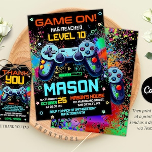 Editable Video Game Birthday Invitation, Game On Level Up Gaming Birthday Party Invitation, Gamer Birthday Party Invitation Template