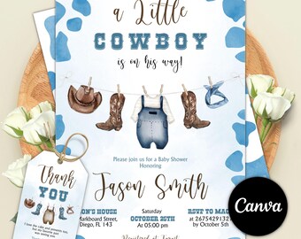 Editable Baby Shower Invitation, A Little Cowboy is on the Way Invitation, Wild West Western Party, Outdoors Rodeo Country, Canva Template