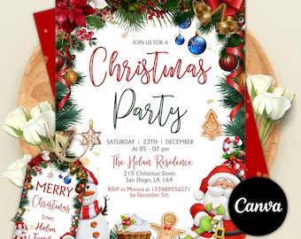 Uitnodiging kerstfeest, vakantie verjaardag, bewerkbare afdrukbare (digitaal)