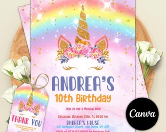 Editable Unicorn Birthday Invitation Template, Unicorn Birthday Invitation, Unicorn Thank you tags, Instant Download