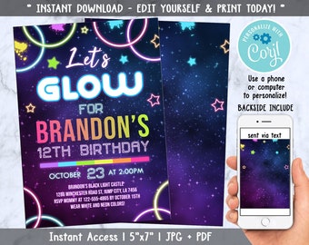 Glow Invitation, Glow Birthday Invitation Printable, Neon Glow Party Invite Instant Download, Glow In The Dark