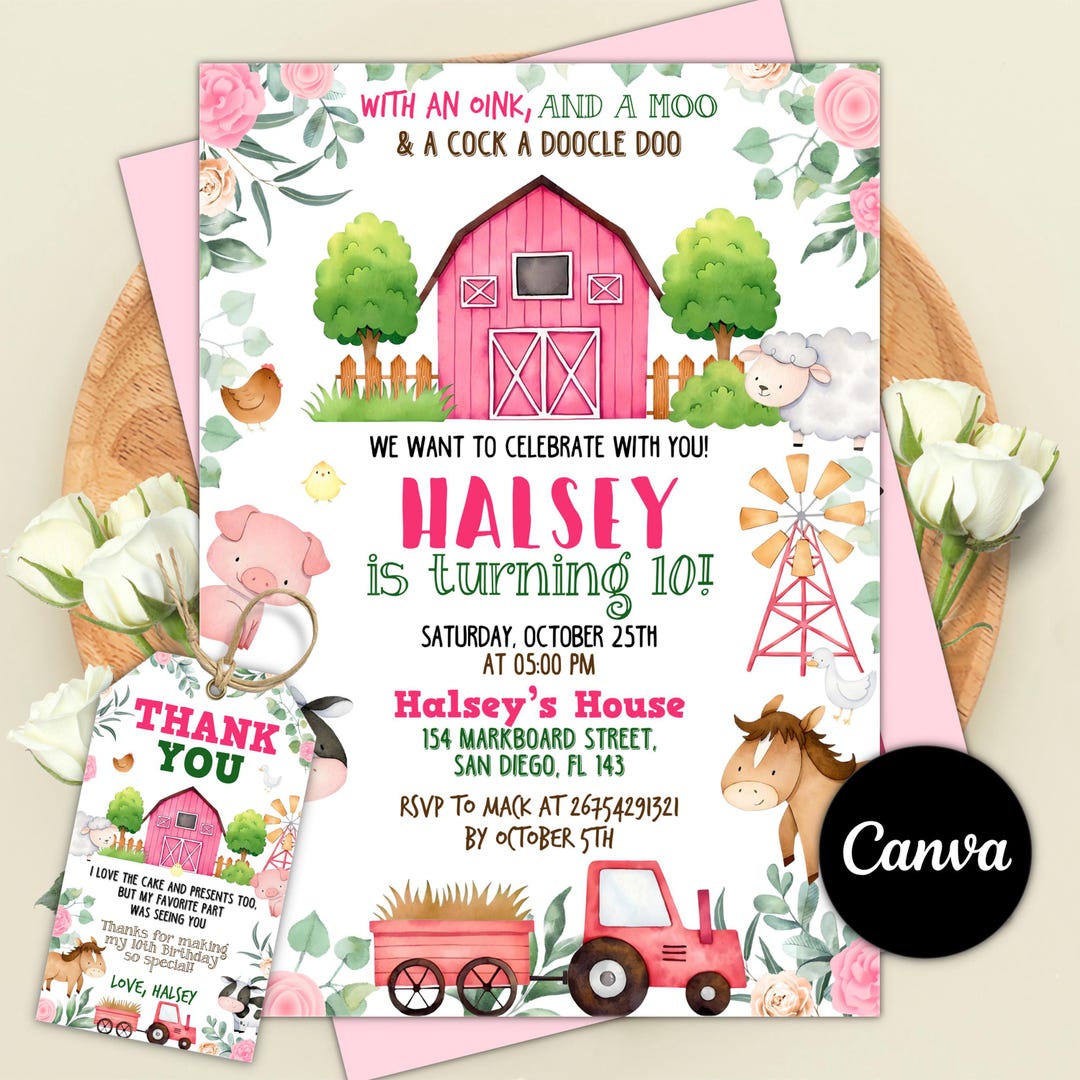Pink Farm Birthday Invitation, Girl Barnyard Birthday Invite, Farm ...