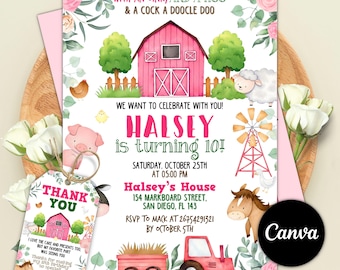 Invitación de cumpleaños de granja rosa, invitación de cumpleaños de niña en el corral, invitación de cumpleaños de animales de granja, animales de corral florales, cumpleaños infantil en el rancho
