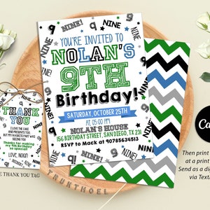 Boy 9Th Birthday Invitation, Boy Birthday Invites, Boy Number Invitations, Editable in Canva