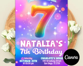 Invitación rosa para el séptimo cumpleaños, Invitación arcoíris para niña, Invitación de fiesta de cumpleaños con purpurina, Invitación para el séptimo cumpleaños, Descarga instantánea