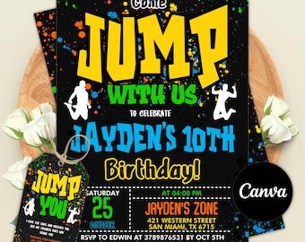 Invitación para fiesta de cumpleaños en parque de trampolines, invitación para parque de trampolines, invitación para fiesta de cumpleaños con temática de saltos, imprimible, descarga instantánea