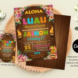 Luau Birthday Invitation, Luau Party Invitation, Luau Invitation, Hawaiian Birthday Invitation, Editable with Canva