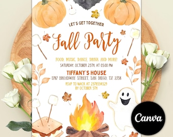 Invitación para fiesta de otoño, invitación para fogata otoñal, reunión de calabazas en fogata, imprimible para fiesta de s'mores, Halloween de otoño, plantilla editable de Canva