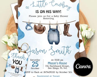 Cowboy Baby Shower Invitation, Cowboy is on the Way Invite, Wild West Western Boy Blue Outdoors Rodeo Country, Editable Canva Template