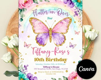 Flattern auf Schmetterling-Geburtstagseinladung, Regenbogen-Blumengartenparty, wunderliche Gold-Glitter-Einladung, jedes Alter, DIY Canva-Vorlage