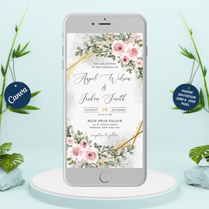 Puede incluir: Una invitación digital para teléfono con un diseño floral de acuarela en tonos rosa y verde. La invitación es para la boda de Angel Wilson y Jeskon Smith, que tendrá lugar el sábado 16 de noviembre de 16:00 a 19:00 horas en el Blue Swan Palace, 123 W. Spring Drive, Webster, Nueva York 8921. La invitación incluye el texto "recepción a continuación".